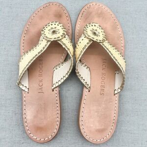 Jack Rogers Womens 7M Ro Thong Sandals Shoes Gold Leather Rattan Flip Flop Flats
